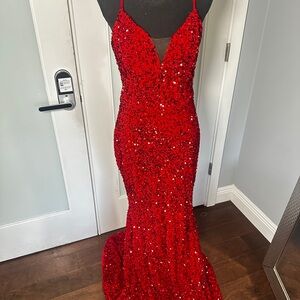 Red Embellished Gown with Spaghetti Straps for Prom